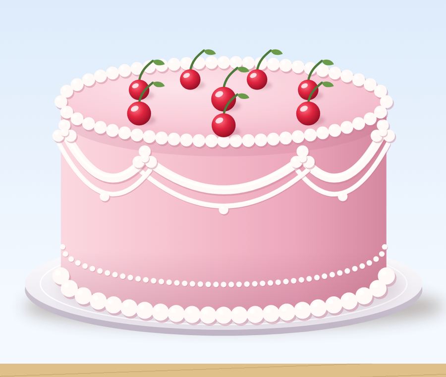 Drawing of a pink cake with piped borders and cherries