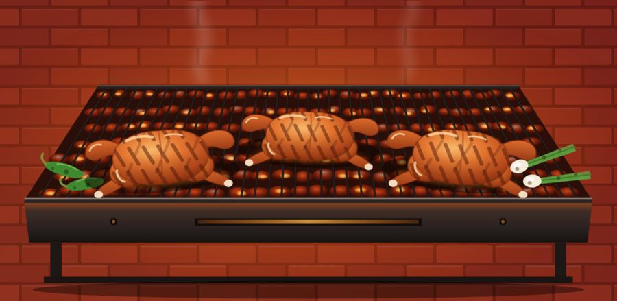 Drawing of chickens on a charcoal grill