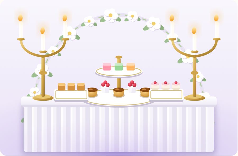 Drawing of a dessert table with candelabras