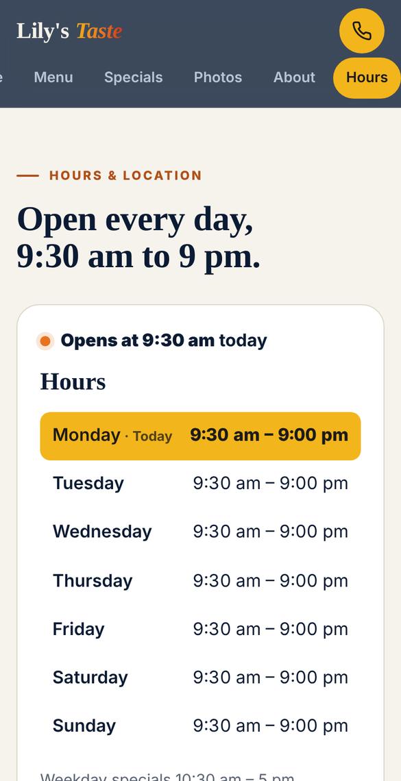 The hours tab of lilystaste.com