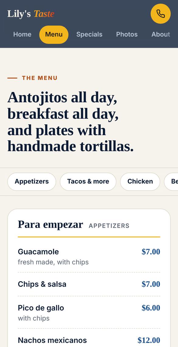 The menu tab of lilystaste.com